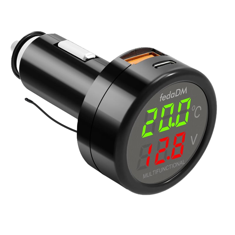 12V Voltmeter mit USB C, Temperaturanzeige für Auto & LKW