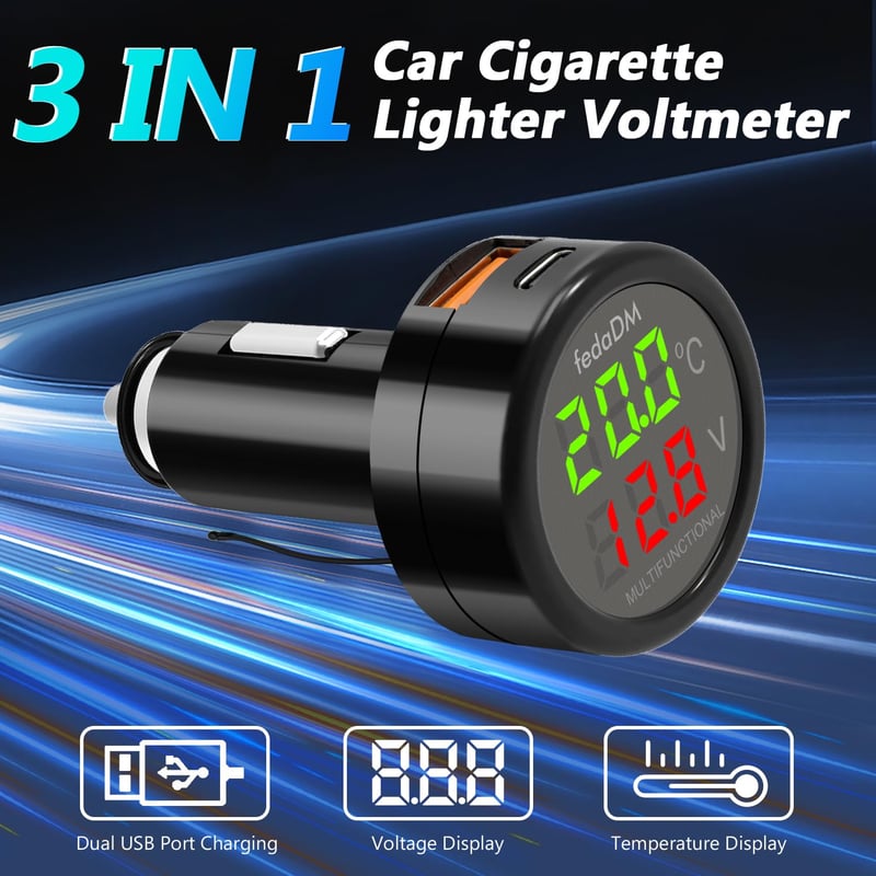 12V Voltmeter mit USB C, Temperaturanzeige für Auto & LKW