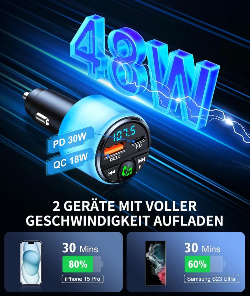 Bluetooth 5.3 Auto FM Transmitter mit QC3.0 und Hi-Fi-Sound