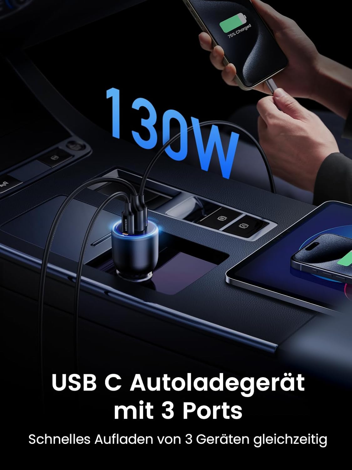 UGREEN USB-C 130W Kfz-Ladegerät mit 3 Ports für MacBook und Smartphones