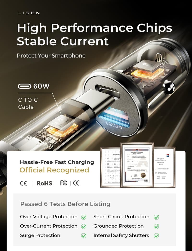 54W USB C KFZ Ladegerät mit 60W Kabel für iPhone und Samsung