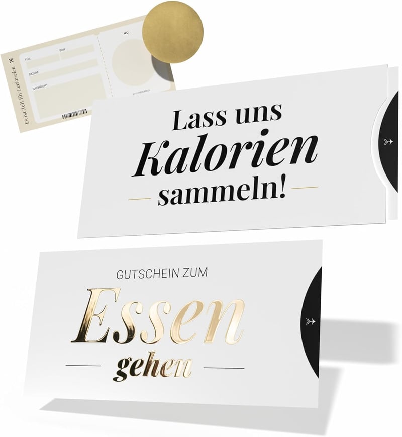 Gutschein für Restaurantbesuch – humorvolle Karte mit Golddruck und Rubbelaufkleber