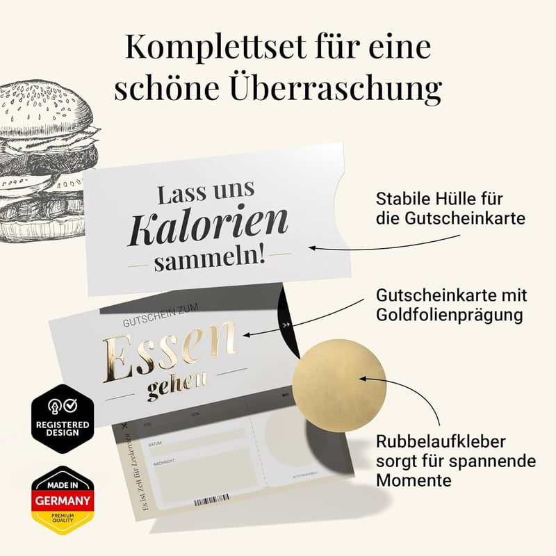 Gutschein für Restaurantbesuch – humorvolle Karte mit Golddruck und Rubbelaufkleber