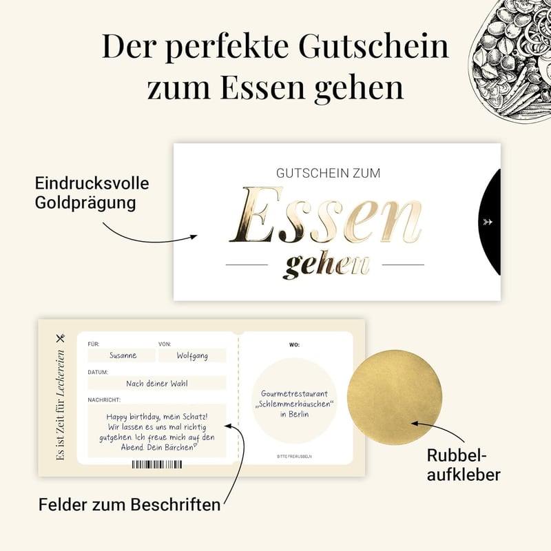 Gutschein für Restaurantbesuch – humorvolle Karte mit Golddruck und Rubbelaufkleber