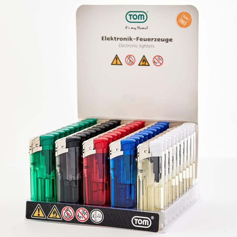 50 nachfüllbare Gasfeuerzeuge im praktischen Display – 5 Farben