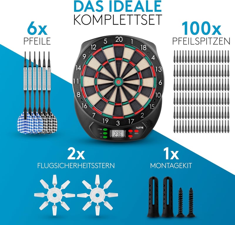 Elektronische Dartscheibe für 1 bis 8 Spieler - Profi Dartautomat mit 6 Darts