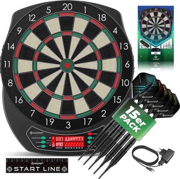 KESSER® Elektronische Dartscheibe für 1-8 Spieler mit 15 Darts und Zubehör