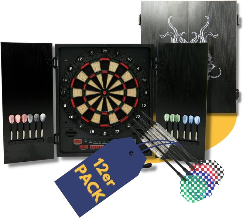 Elektronische Dartscheibe Glasgow mit LED und 12 Dartpfeilen für 8 Spieler