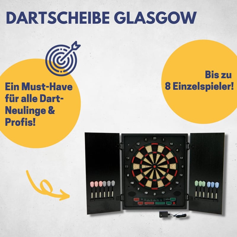 Elektronische Dartscheibe Glasgow mit LED und 12 Dartpfeilen für 8 Spieler