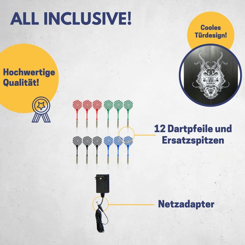 Elektronische Dartscheibe Glasgow mit LED und 12 Dartpfeilen für 8 Spieler