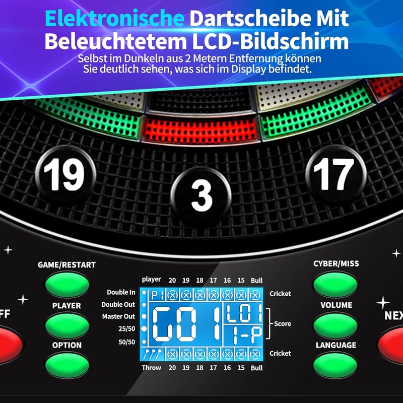 Elektronische Dartscheibe mit LCD-Bildschirm für 1-8 Spieler