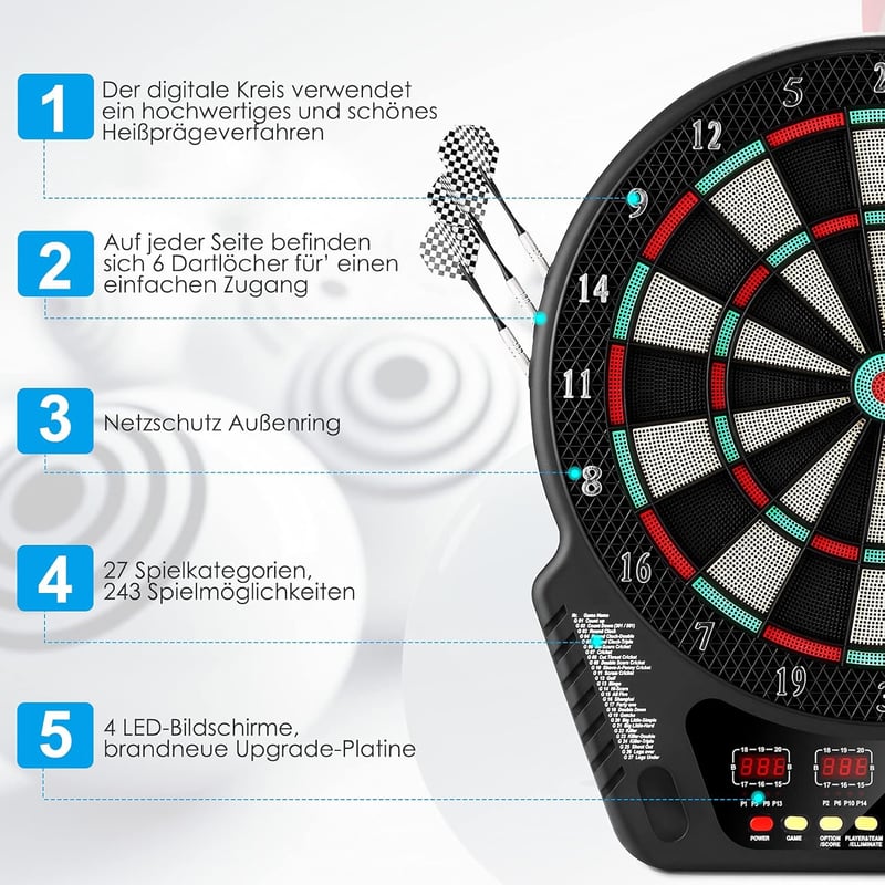 E-Darts Spielautomat mit 27 Spielen und 243 Optionen für 16 Spieler