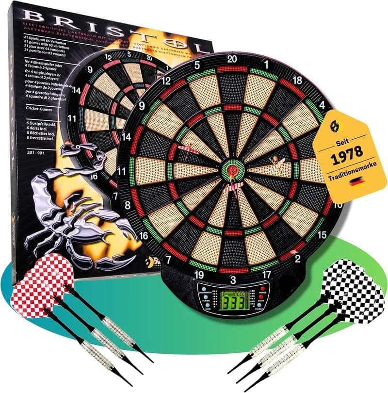 Elektronische Dartscheibe mit 21 Spielen für bis zu 8 Spieler, inklusive 6 Pfeilen und 8 Ersatzspitzen