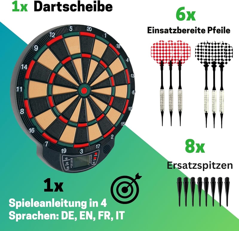 Elektronische Dartscheibe mit 21 Spielen für bis zu 8 Spieler, inklusive 6 Pfeilen und 8 Ersatzspitzen