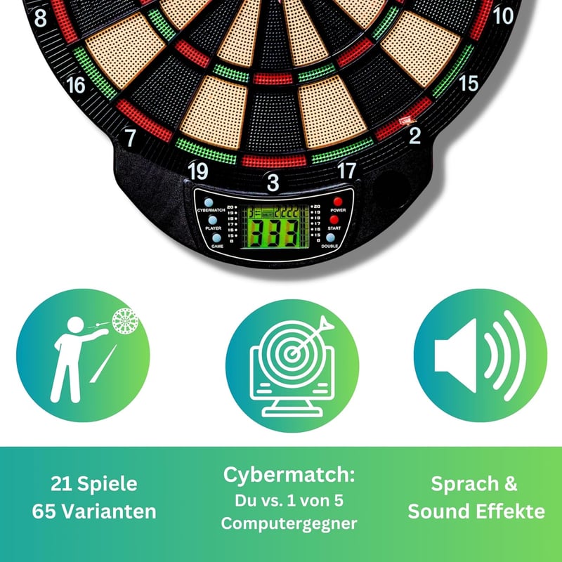 Elektronische Dartscheibe mit 21 Spielen für bis zu 8 Spieler, inklusive 6 Pfeilen und 8 Ersatzspitzen