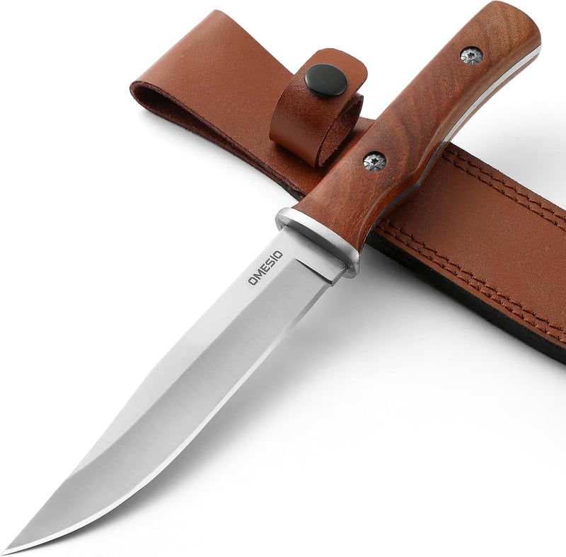 Omesio Jagdmesser für Survival und Camping mit Lederscheide und Holzgriff