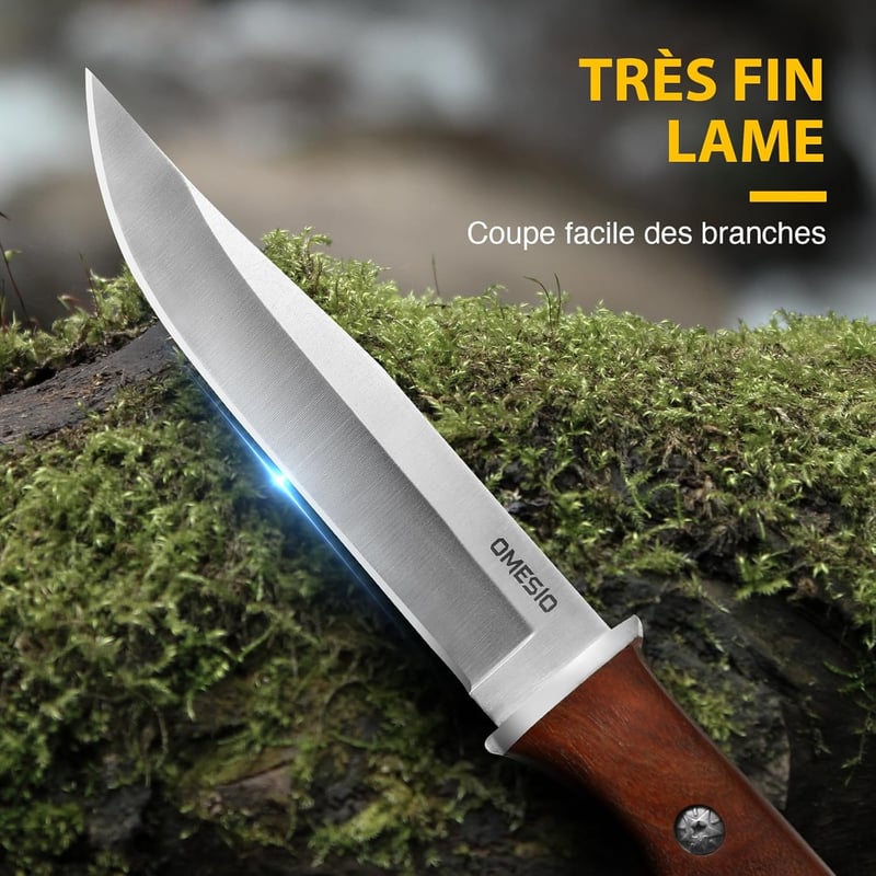 Omesio Jagdmesser für Survival und Camping mit Lederscheide und Holzgriff