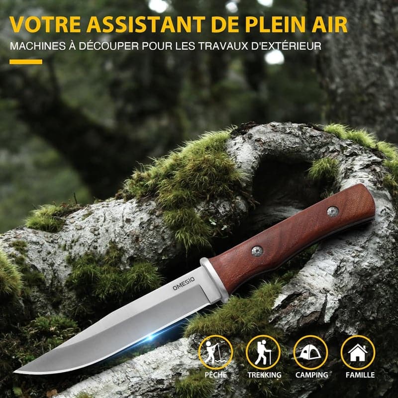 Omesio Jagdmesser für Survival und Camping mit Lederscheide und Holzgriff