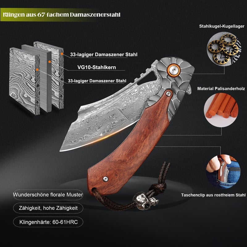 Handgefertigtes Herren Taschenmesser aus Damaszener Stahl mit Palisandergriff