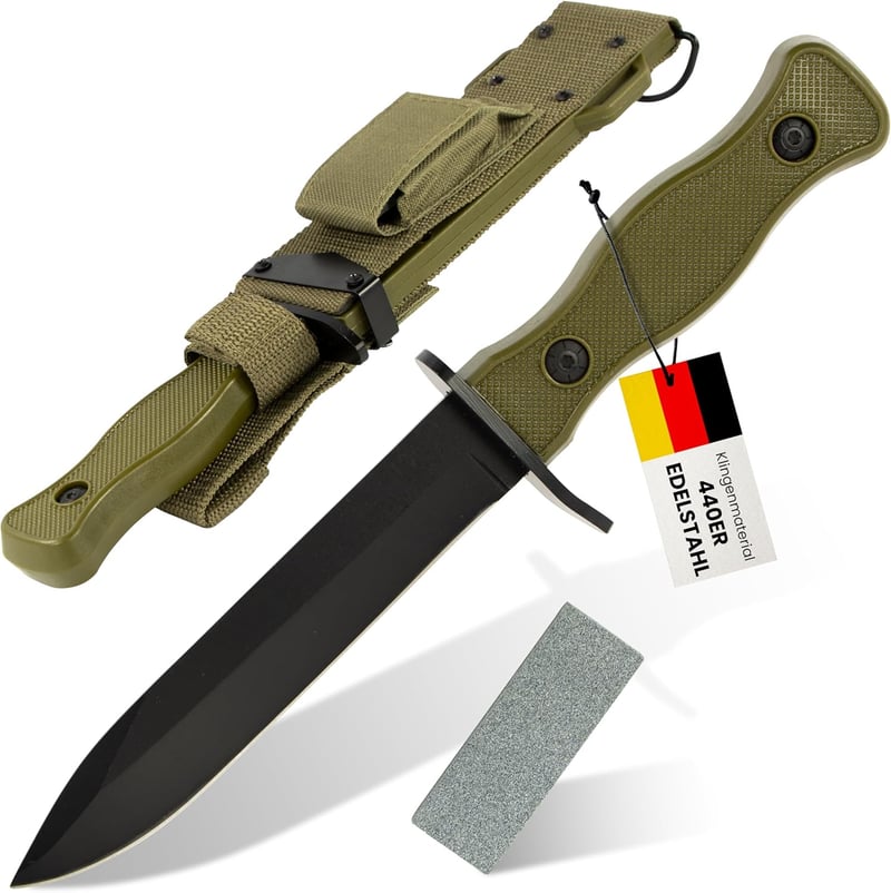 KOSxBO® Militär Kampfmesser 26,5 cm mit Schleifstein – grünes Outdoor-Messer