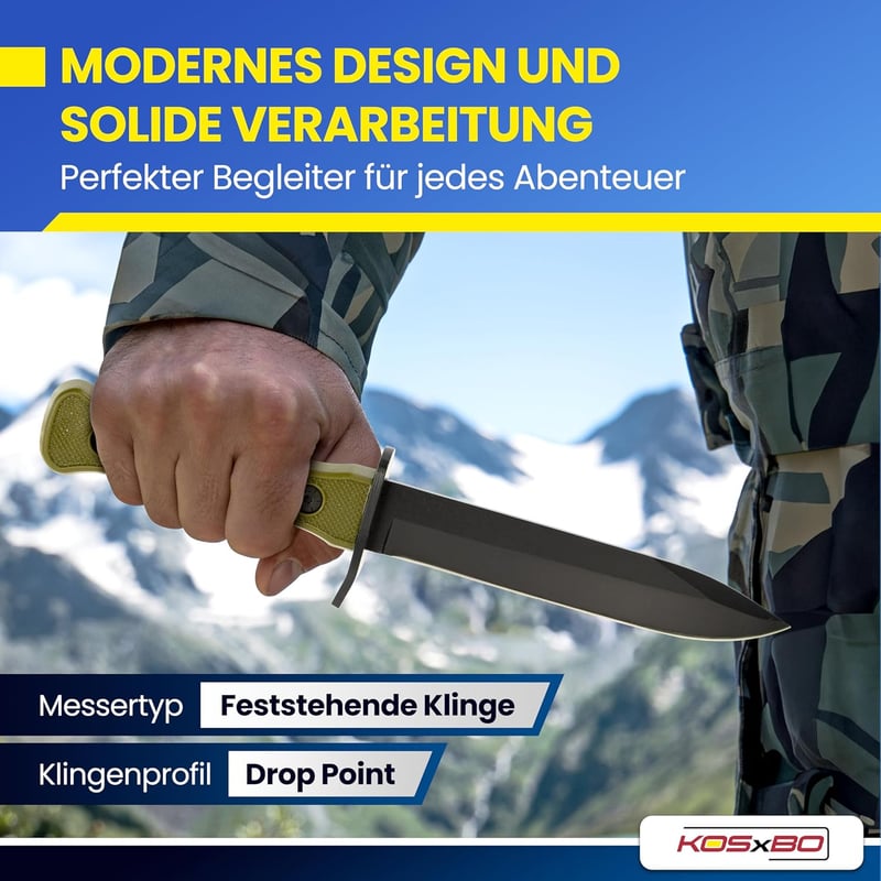 KOSxBO® Militär Kampfmesser 26,5 cm mit Schleifstein – grünes Outdoor-Messer