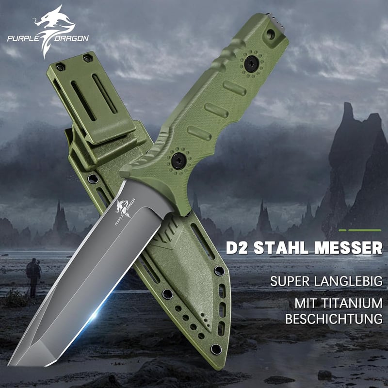 Outdoorsurvival-Messer aus D2 Stahl mit Kydex-Scheide und G10-Griff