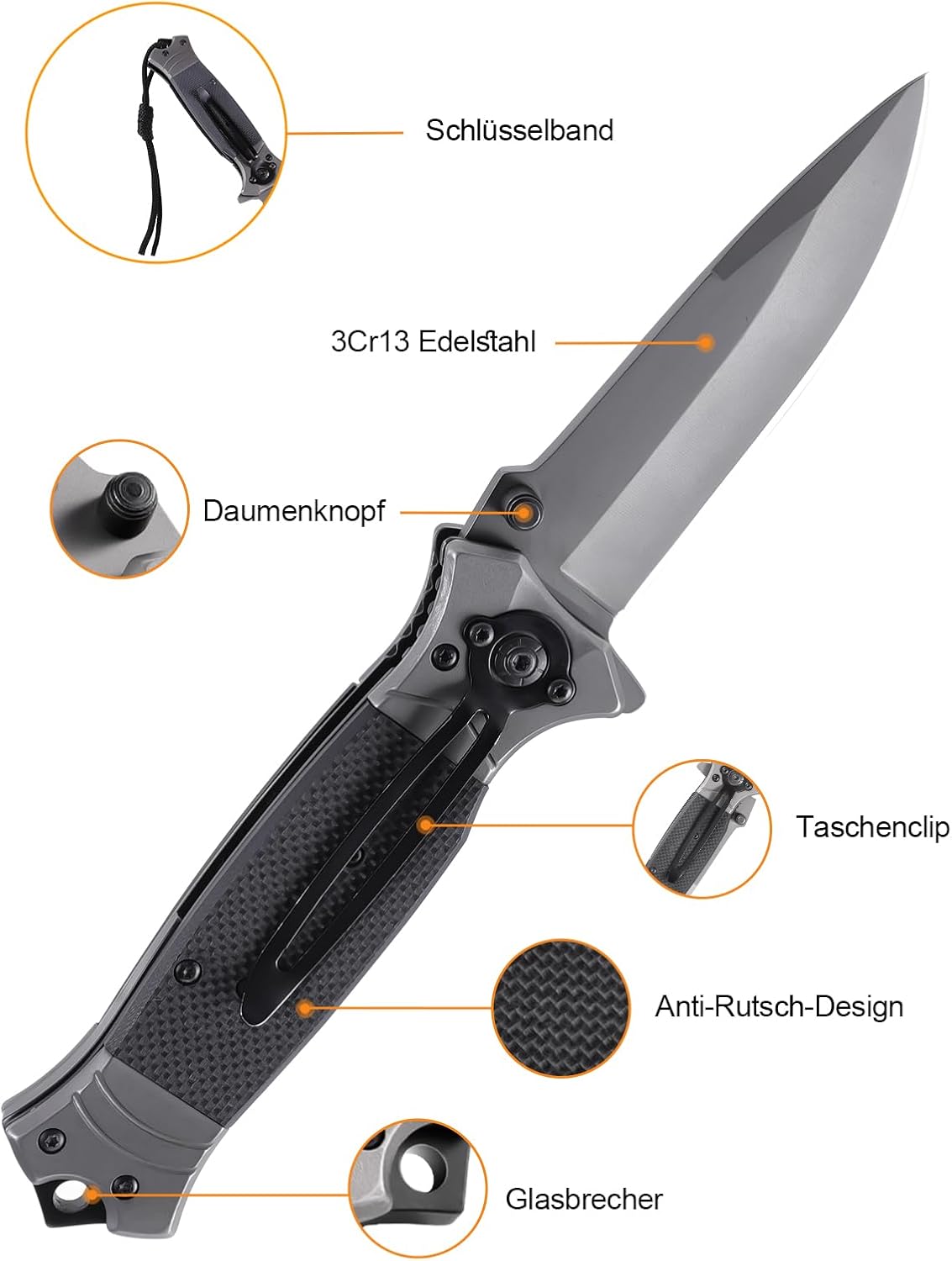 Rolgno EDC Taschenmesser aus 3Cr13 Edelstahl mit Glasbrecher für Männer