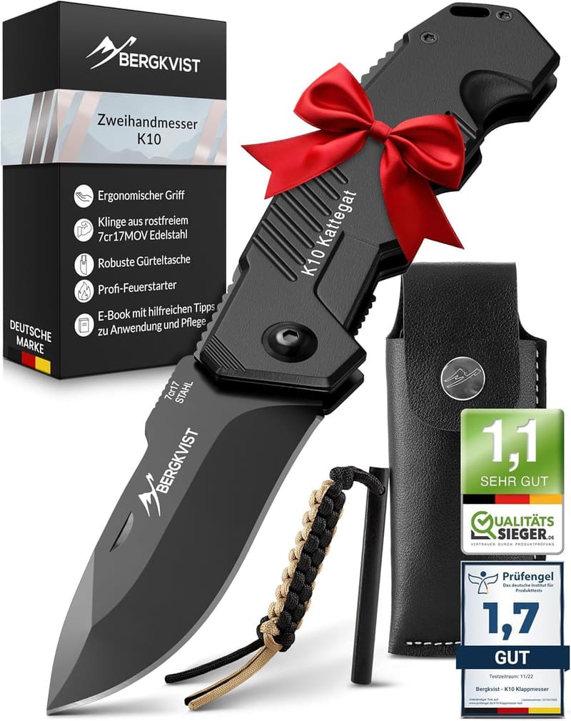 K10 Klappmesser für Outdoor und Survival mit Feuerstahl und Tasche