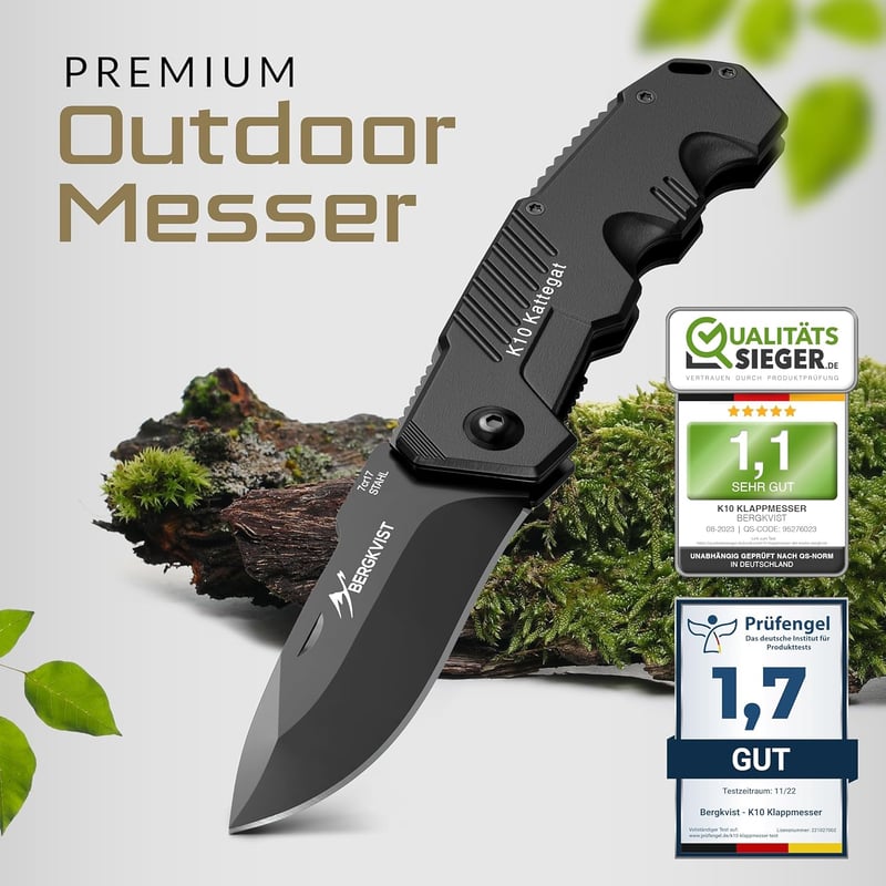 K10 Klappmesser für Outdoor und Survival mit Feuerstahl und Tasche