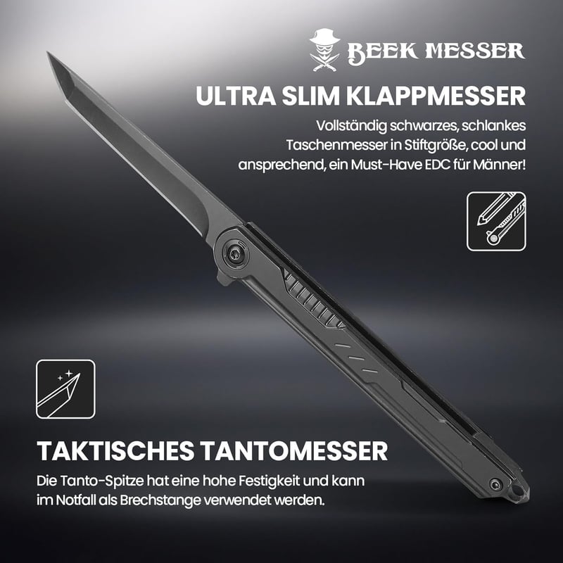 BEEK Tanto Klappmesser Slim, Schwarz – EDC Outdoor Messer für Männer