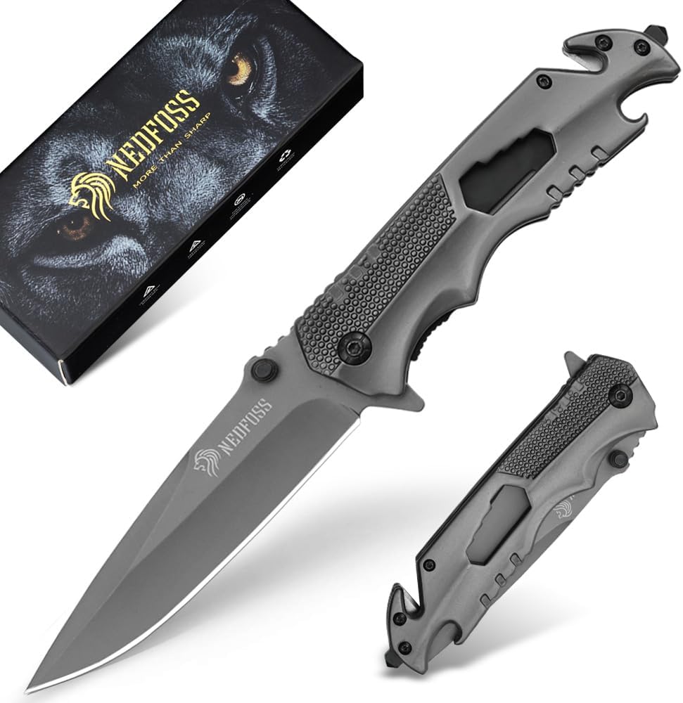 NedFoss FA48 Einhand-Taschenmesser mit Gurtschneider und Glasbrecher für Outdoor und Rettung