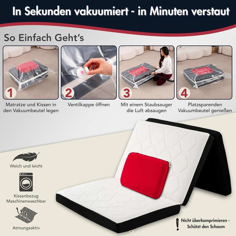 Hochwertige Klappmatratze 100x200 cm mit Kissen für Gäste und Camping