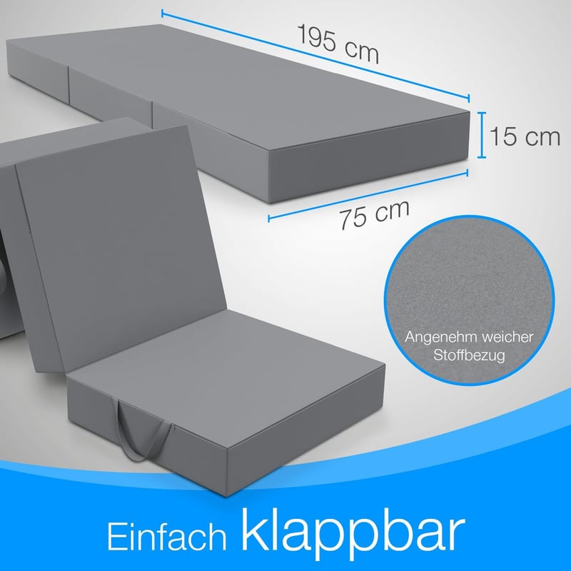 3-teilige Faltmatratze für Erwachsene, 15 cm dick, waschbar, grau