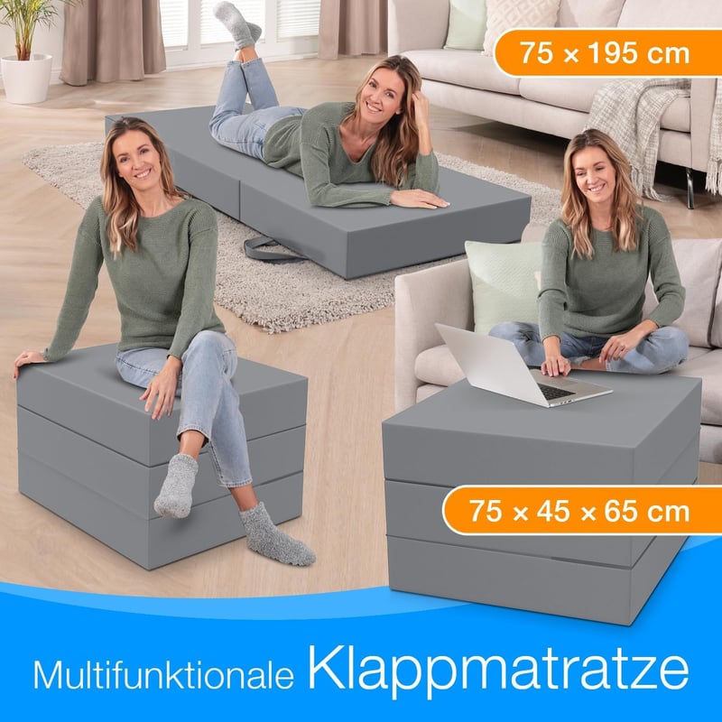 3-teilige Faltmatratze für Erwachsene, 15 cm dick, waschbar, grau