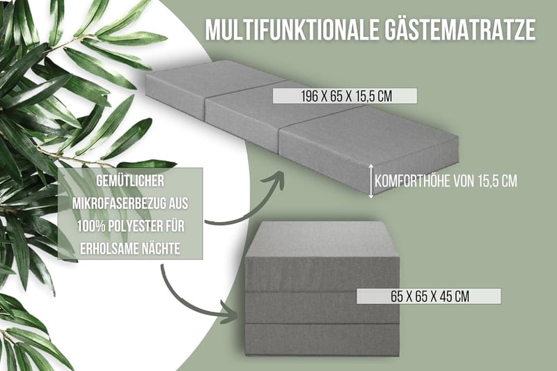 Faltbare Gästematratze XXL mit Tasche, 15 cm Komforthöhe, hellgrau