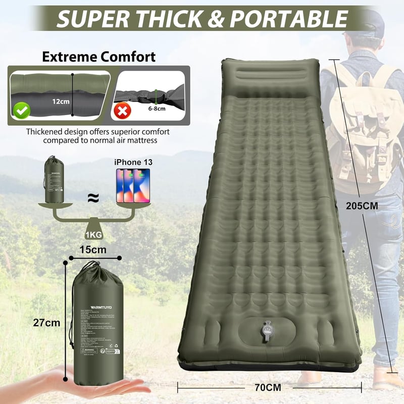Selbstaufblasende Camping-Isomatte 12CM, wasserdicht mit Kissen für Outdoor