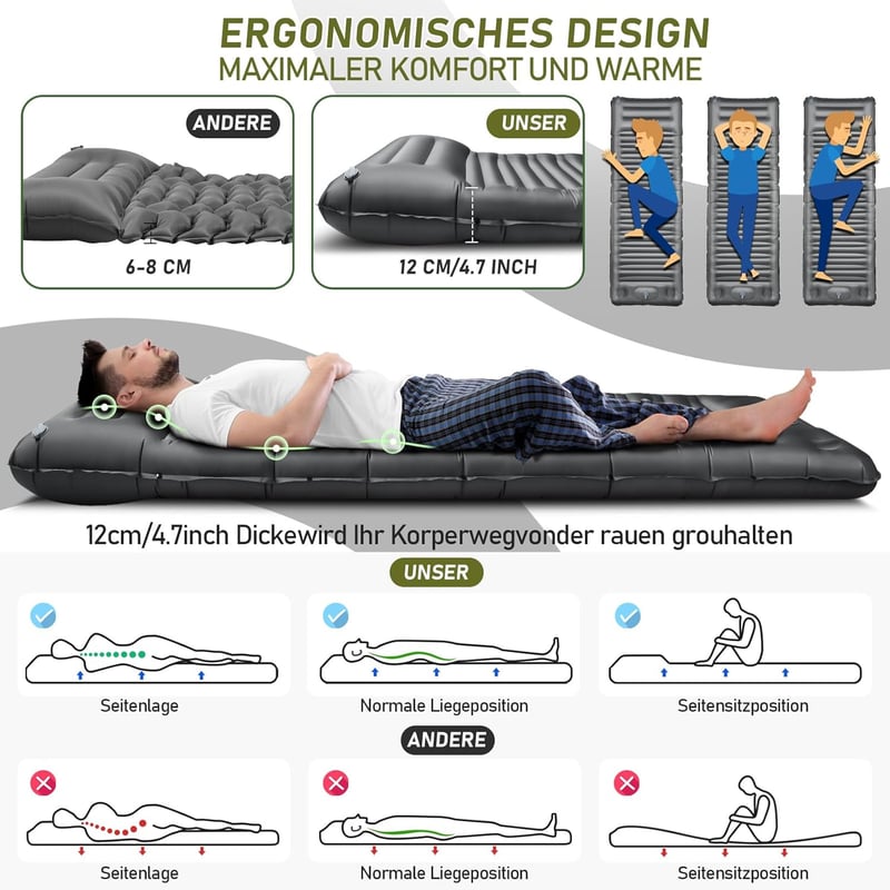Selbstaufblasende Isomatte 12CM dick mit Fußpumpe und Kissen für Camping