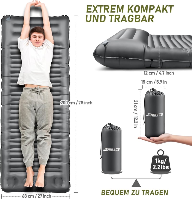 Selbstaufblasende Isomatte 12CM dick mit Fußpumpe und Kissen für Camping
