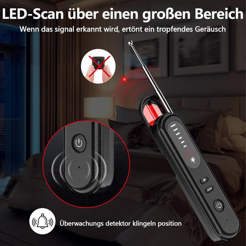 Wanzenfinder mit 6 Stufen Empfindlichkeit – 4-in-1 Detektor für Hotel und Büro