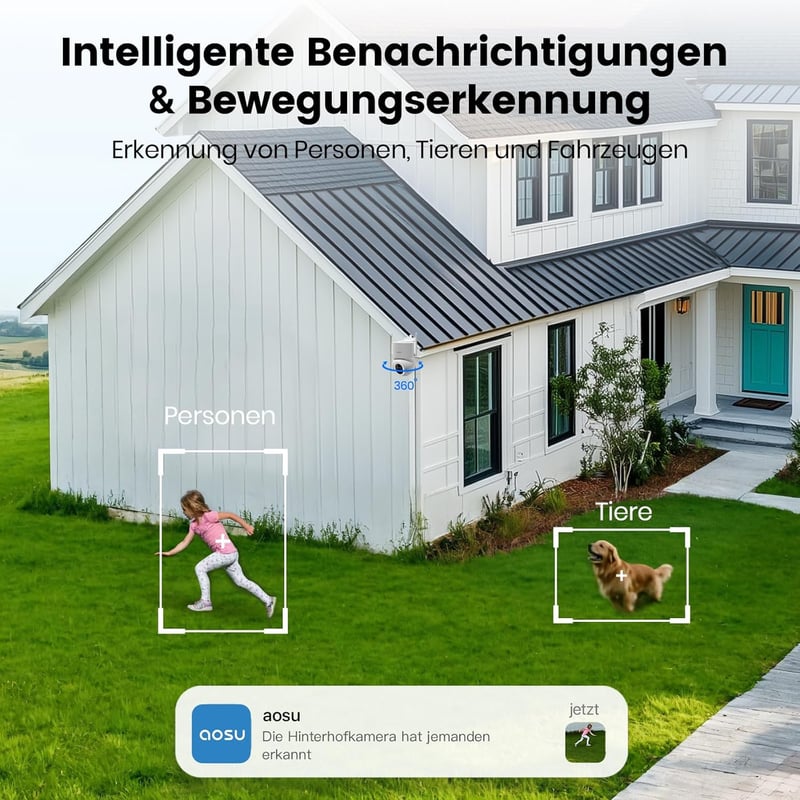 AOSU 3K 5MP Solar-Überwachungskamera für Außen mit 360° PTZ, AI-Personenerkennung und 2-Wege-Audio