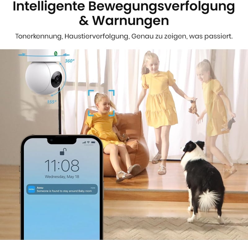 Indoor Überwachungskamera 2K mit Nachtsicht und 360°-Sicht für Familien