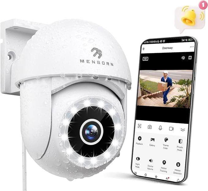 Menborn 2.5K Außenkamera mit 360° Sicht, Starlight Nachtsicht, Alexa-kompatibel