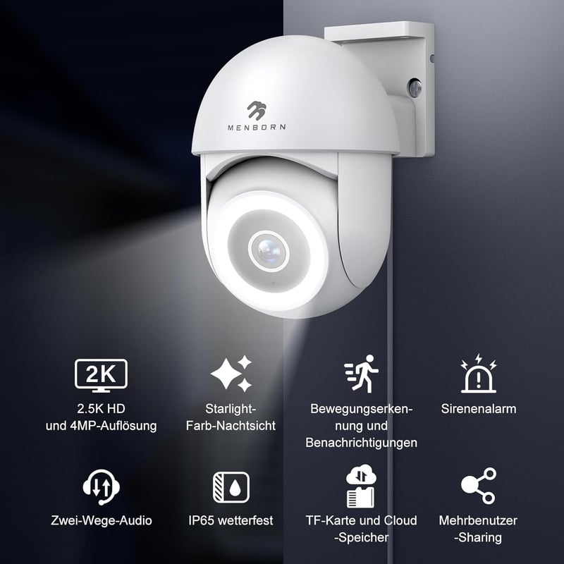 Menborn 2.5K Außenkamera mit 360° Sicht, Starlight Nachtsicht, Alexa-kompatibel
