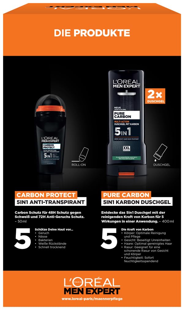 L'Oréal Men Expert Pflegeset für Männer mit 5-in-1 Duschgel und Deo Roll-On
