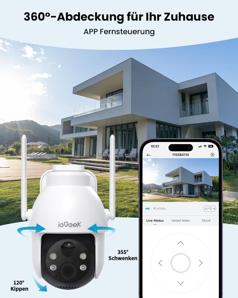 2K 3MP HD Solar-Überwachungskamera mit 360° PTZ und Farb-Nachtsicht