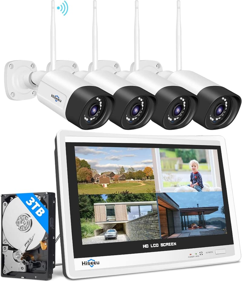 Hiseeu 5MP WLAN Überwachungskamera Set mit 12'' Monitor und 3TB HDD
