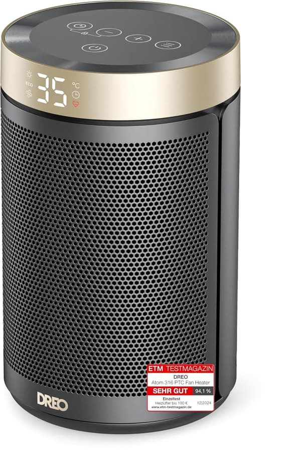 Energiesparender Heizlüfter mit Thermostat, 1500W, leise 34 dB, gold