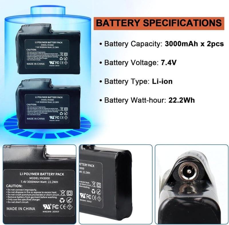 2 Stück 7,4 V 3000 mAh Li-Polymer-Akkus für beheizte Kleidung