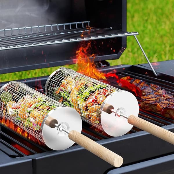 Rollender Grillkorb aus Edelstahl 304 mit abnehmbarem Holzgriff für Gemüse und Garnelen, ideales Geschenk zum Vatertag für Männer.