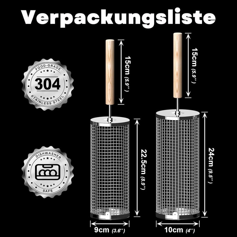 Rollender Grillkorb aus Edelstahl 304 mit abnehmbarem Holzgriff für Gemüse und Garnelen, ideales Geschenk zum Vatertag für Männer.